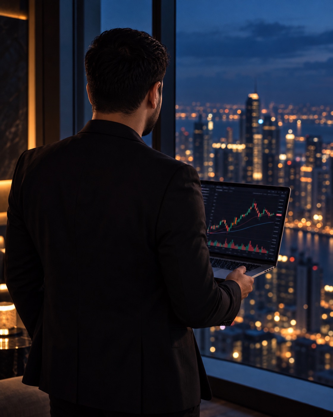 From behind at a penthouse window at blue hour, trading charts on the laptop